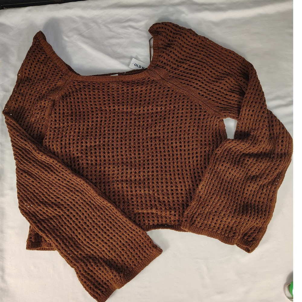 Old Navy Women XL Brown Open Knit Crochet Square Neck Bell Sleeve Sweater 664078